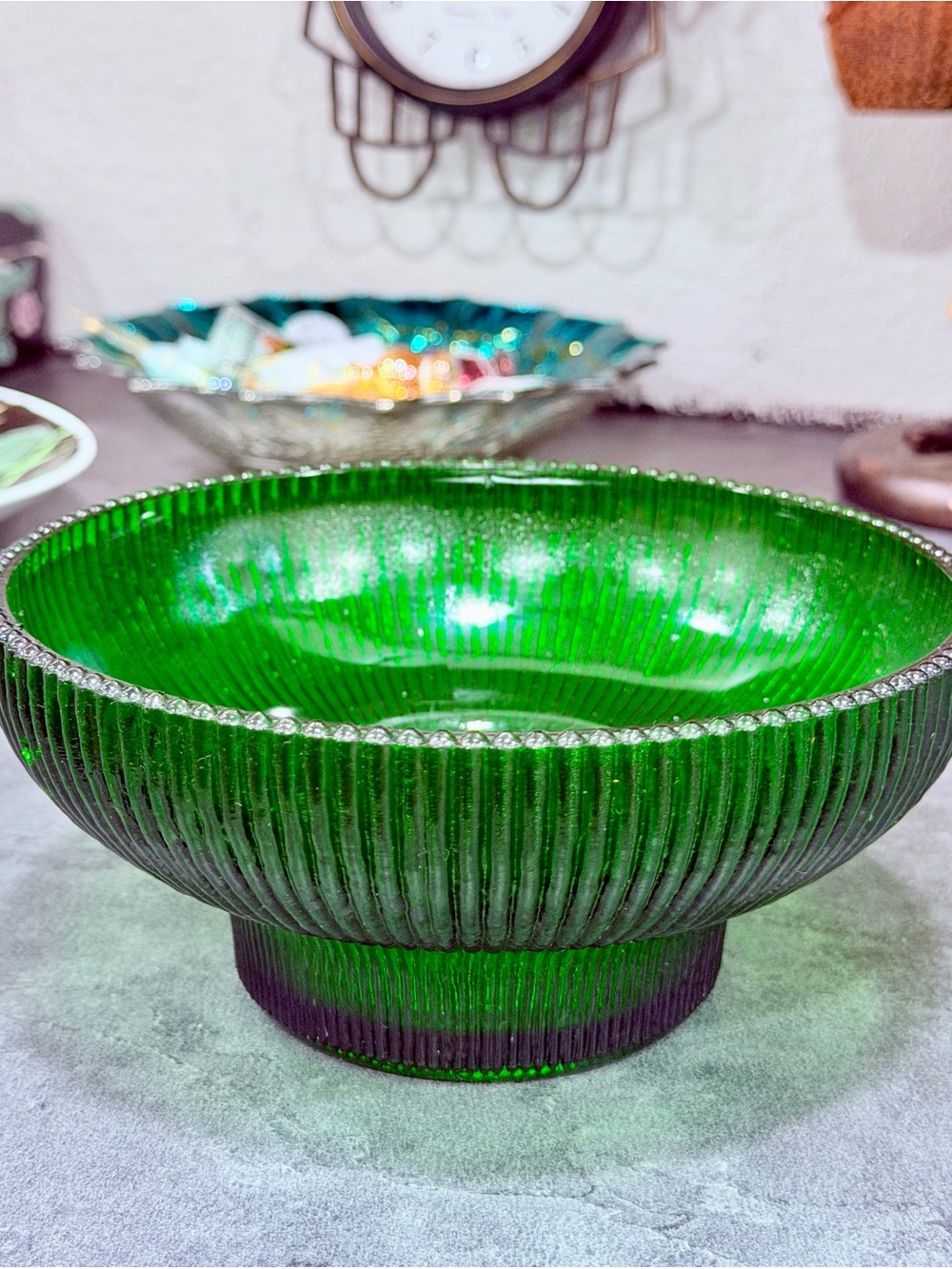 Deep Green Ribbed Glass Serving Bowl
